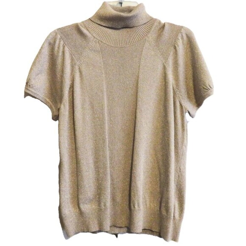 Style & Co. Woman Gold Metallic Short‎ Sleeve Turtleneck Blouse